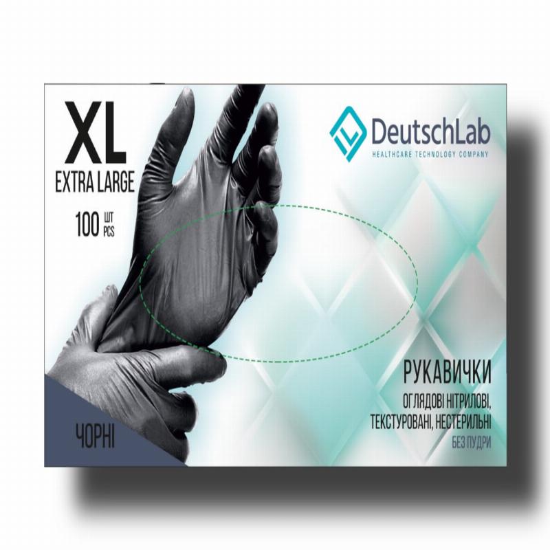 Рукавички нітрилові, нестерильні, без пудри, розмір ХL, чорні, "DeutschLab"